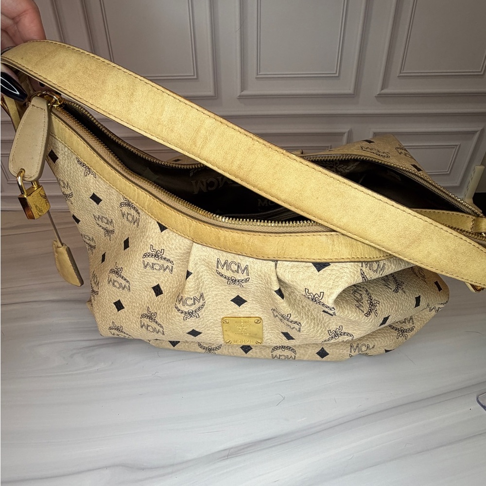 MCM Light Beige Visetos Leather Monogram Hobo Shoulder Bag | Lock & Key Included - Picture 10 of 12